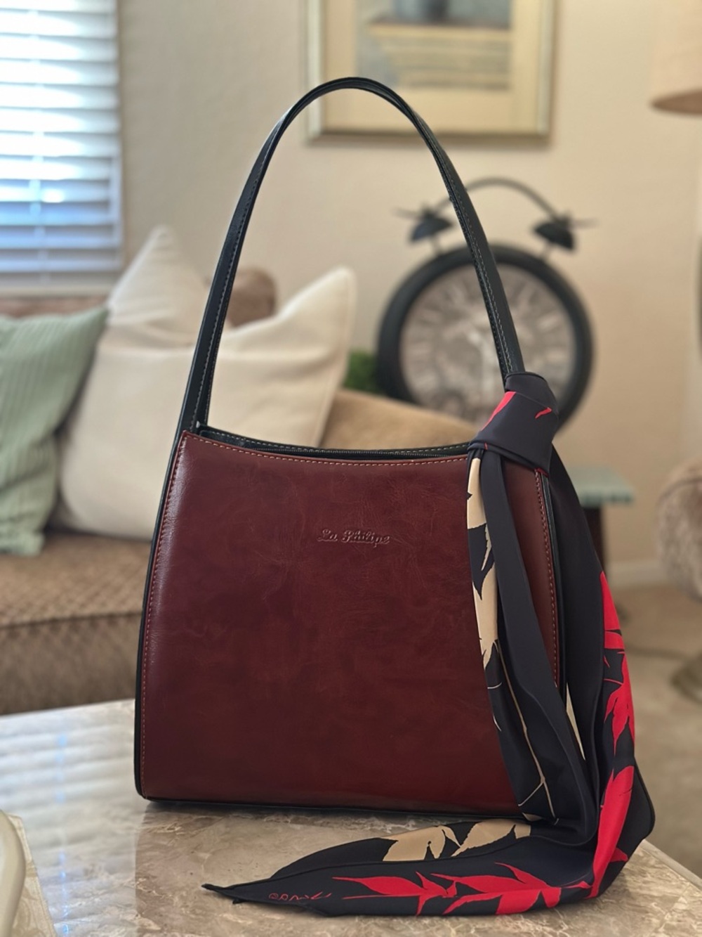La Philippe Italian Leather Shoulder Bag with Black Handle